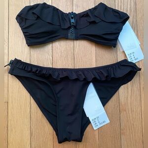 H&M Black Ruffle Bikini with Zipper Detail Set Top Size 4 Bottom Size 2